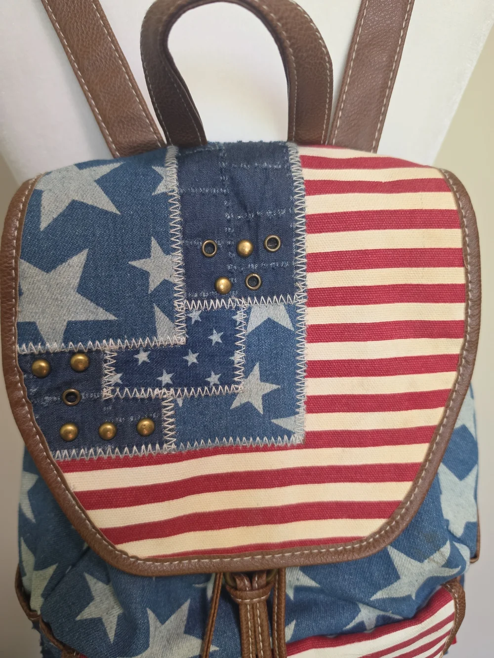 Vintage Unionbay Americana Flag Canvas Backpack Mini Rucksack Tassel Stars